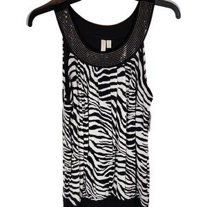 Madison M Black & White Zebra Print Dressy Sleeveless Top With  Band Collar. NWT